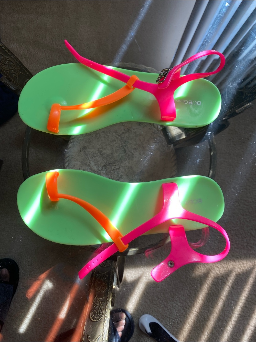 BCBG Neon Green Sandals with Pink & Orange Straps